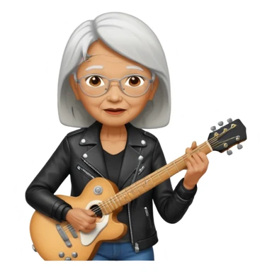 guitar rock player, elderly woman asian head, black jacket sticker