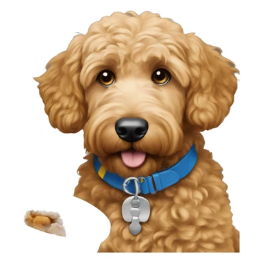 Goldendoodle with blue collar is eating brown food sticker