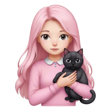 
girl with light long hair, grey eyes and fair skin in pink pastel clothes holds a black British cat in her arms sticker