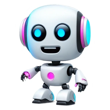 Design a cute, modern robot mascot with a white rounded body, neon blue and pink accents, and an expressive black screen face with LED eyes and a smile.

 sticker