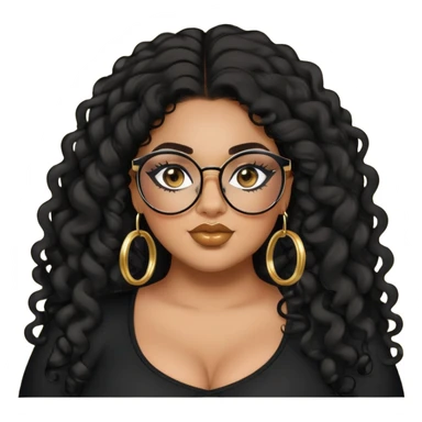big plus size, latina, darker tan skin, gold hoops, long black curly hair, baddie,pretty, makeup, lipgloss, black eyeliner, long hair, black top, black glasses sticker