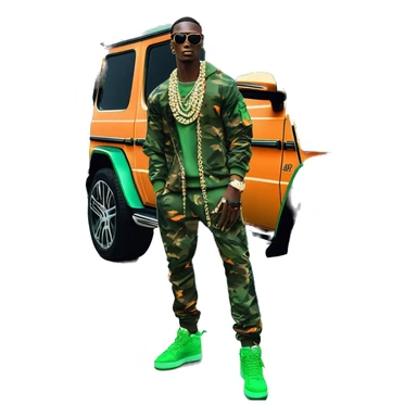 Young Dolph luxury clothes,blue diamond chain on,near his car, just opened drivers side car door to his all orange and green colored,whole car painted army camouflage, Mercedes G Wagon sticker