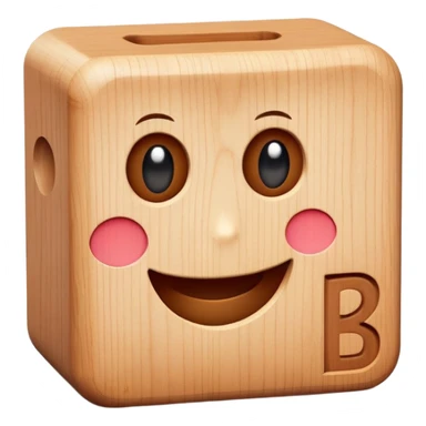 A wooden letter B block toy with adorable eyes and a happy expression sticker