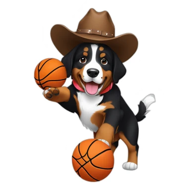 bernese mountain dog puppy wearing cowboy hat and shooting a basketball at a hoop in the mountains  sticker