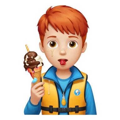 boy kid red haired wearing life jacket, eating ice cream sticker