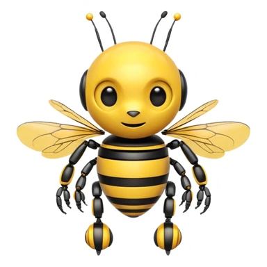 cute bee robot with yellow and black stripes, round body, mechanical arms, small wings, friendly expression, emoji style sticker