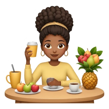 Apple-style emoji of a Black girl, 4C hair in a puff, clean girl aesthetic, sitting at a table with coffee and fruits, cozy pastel vibe, smiling. sticker