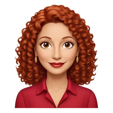 Puerto Rican actress in her 50s with elongated face, soft features, highlighted cheekbones, friendly warm smile, medium almond-shaped brown eyes, defined medium eyebrows, straight fine nose, medium lips with accessible smile, vibrant red curly hair with artistic styling, wearing a solid red blouse sticker