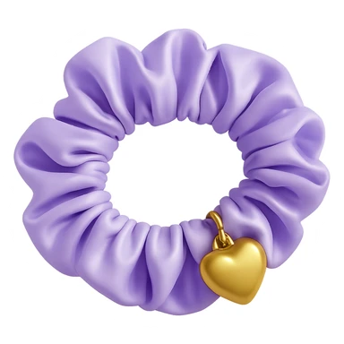 Add a small gold heart charm to the pastel purple silky scrunchie, keep the 3D emoji style and shimmer effect. The style is 3D emoji with a shiny, smooth, and realistic look. Remove the background. sticker