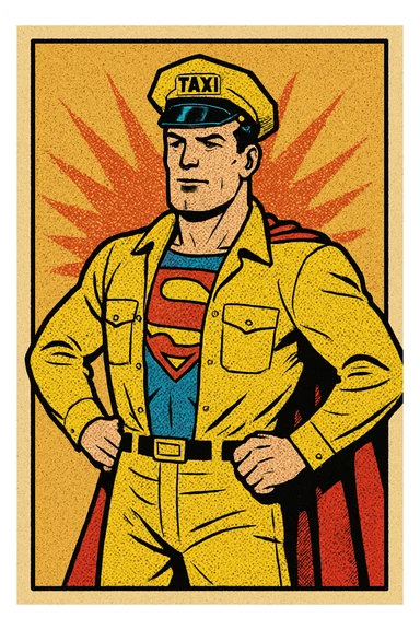 Superman in a taxi driver's uniform, confident stance, comic style sticker