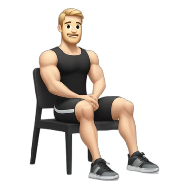 Pale skinned Fit Man With the biceps and dark brown hair in black shirt, gray sports shorts and white Sneakers Sitting on a chair sticker