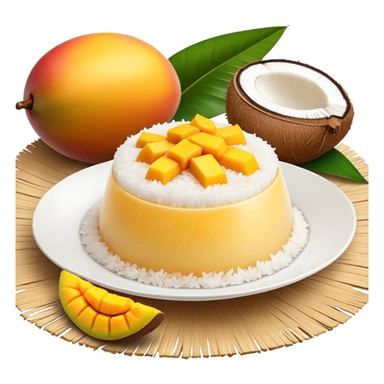 cinematic-realistic-mango-sticky-rice-dessert-emoji,-showcasing-sweet-sticky-rice out of a mould-paired-with-ripe-mango-slices-and-coconut-milk-rendered-with-lifelike-detail-and-warm,-inviting-lighting with the coconut  milk over the rice sticker