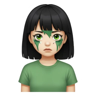 Garota de cabelo preto com franja com a pele verde e ferimentos expostos na cara, usa uma camiseta branca rasgada e suja de poeira  sticker