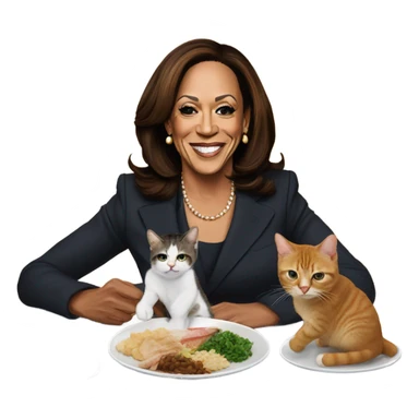 Kamala Harris is sitting at a table with a cat laying down on a plate. Kamala has silverware in her hand and her mouth is watering. sticker