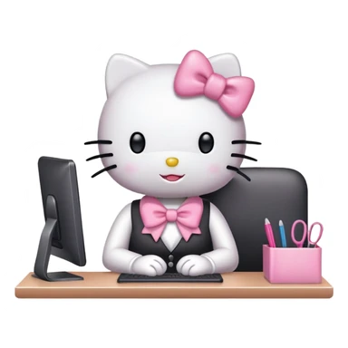 Hello Kitty working at office desk with computer sticker