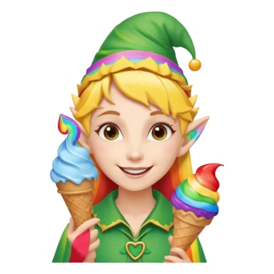 A cheerful elf girl with pointy ears holding a rainbow ice cream cone, smiling brightly.

 sticker