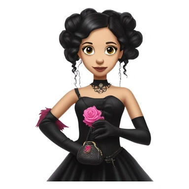 healthy standing flirty Lavish black evening gown with see-through gloves, Jenna Ortega as Addams woman prom queen wearing a steampunk mini tiara, very large blood  pink evil-looking horned old dragon purse sticker
