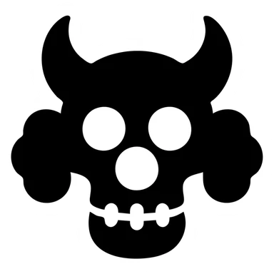black-filled icon of a horned clown skull with a round clown nose, solid style sticker