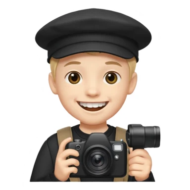 smiling schoolboy with large front teeth wearing a black cap holding a camera sticker