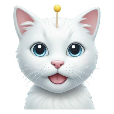 Face of a cute white cat holding two star shaped lollipops on a pastel blue background sticker