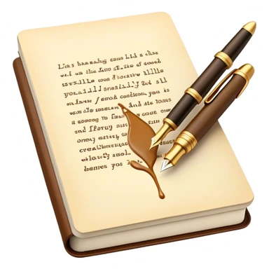 Create a vibrant emoji representing prose writing. The design should include a classic fountain pen or quill, an open notebook or a typewriter, with flowing text emerging from it. Use warm, earthy tones like brown, gold, and cream, along with subtle ink splatters to add a creative and artistic touch. The emoji should convey the idea of storytelling, creativity, and literary elegance. Make the background transparent. sticker