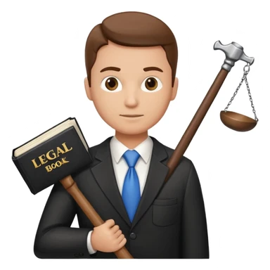 Create an emoji symbolizing the legal support of the business and financial assistance from accountants. The image should combine the image of a lawyer with a hammer of justice and an accounting book next to the logo of a reliable company protecting the interests of business. sticker