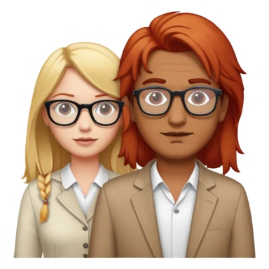 An Indian man standing between a red haired, white girl and a blonde white girl both girls wearing glasses sticker