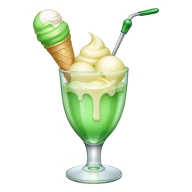 Create an emoji with a clear rounded glass, bright transparent green soda, vanilla ice cream scoop sticker