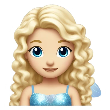 Create a blonde haired fairy with blue eyes and a pink dress with sparkly wings. White wings. The fairy has long, curly hair with a lot of volume sticker