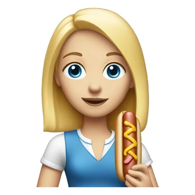 Blonde girl with blue eyes with a hot dog sticker