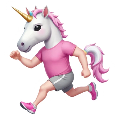 friendly anthropomorphised male white unicorn with a stocky, strong build, white arms and legs, wearing grey shorts and pink t-shirt, dark sunglasses, jogging upright in a relaxed pose sticker