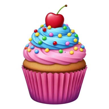 Cupcake with pink icing rainbow sprinkles and a cherry on top sticker
