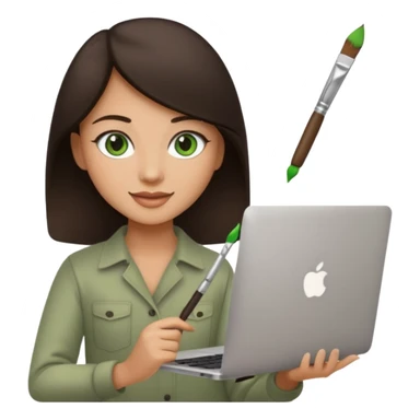 happy Graphic designer whit a MacBook, him eyes green color and dark brown hair, he is paint artist sticker