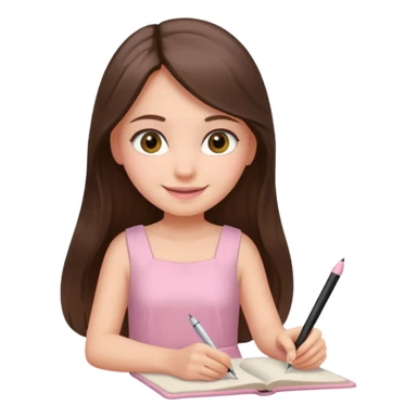 pretty smiling long brunette hair girl with hazel eyes wearing light pink dress writing sticker