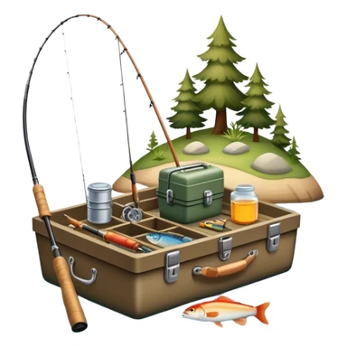 Icon for Fishing: a boat on the shore of a peaceful water body with a beautiful natural landscape, a fishing tackle box, a spinning rod. The icon should capture the tranquility and gear of a fishing adventure. Without frame. Transparent background. sticker