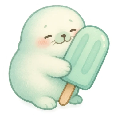 tiny refrigerator seal, soft and fluffy, hugging a popsicle, blushing, soft mint tones, full-body sticker