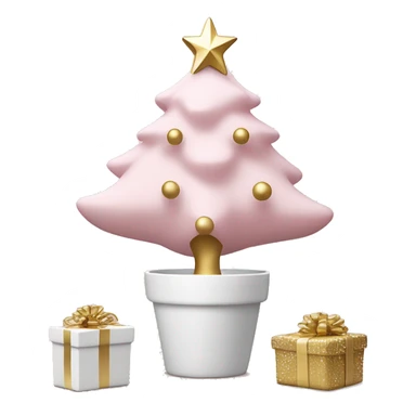light pink christmas tree with white pot and presents underneath and star and white and gold ornaments sticker