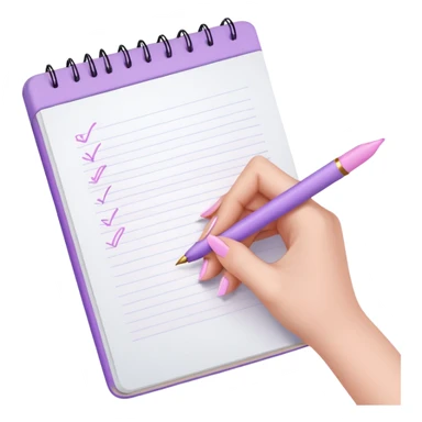 female hand with delicate lilac manicure writing in notebook with pastel pink pen sticker