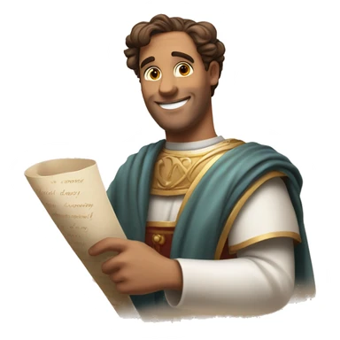 Lovestruck Senator with a Love Scroll: A Roman senator smiling, holding a scroll with hearts drawn on it, with a dreamy and gentle expression. sticker