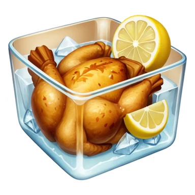 a baked chicken dish with lemon wedges in a large ice cube sticker