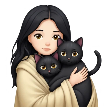 A girl with fair skin and long black hair wrapped in a blanket hugging a black cat sticker