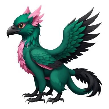 Dark-deep-Emerald-green gryphon-Trico-Nargacuga-fusion-hybrid with a long tufted tail, black beak, pink accents, black claws, black tail, majestic, realistic, furry (full body) sticker