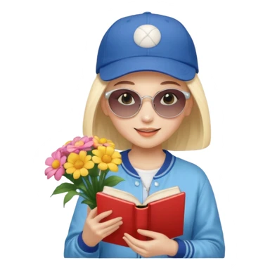 ["A happy girl with light skin, bald, wearing a baseball cap and sunglasses, dressed in K-pop fashion, is reading a book while holding a flower bouquet."] sticker