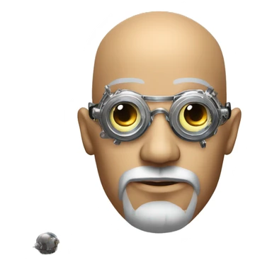 Tan bald male Latino cyborg head with grey beard, silver steampunk monocle goggles and circuits sticker
