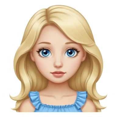 Pretty Emoji girl with close-set blue eyes and eyeliner on them, long round nose, wide not very full lips, oval face shape, long blonde hair in cute ruffle top sticker