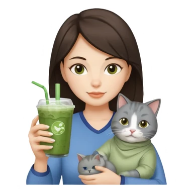 a brunette woman in here 30S drinking an iced matcha, carrying a grey cat and a map of the world sticker