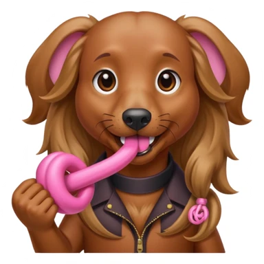Brown long haired weiner dog holding pink monkey fist weapons in her mouth sticker