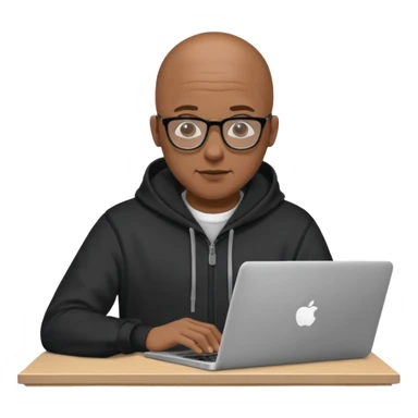 Bald Black guy with glasses wearing a black hoodie and working on a laptop doing a cad model sticker