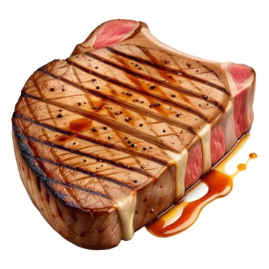 Cinematic thick-cut scotch t-bone steak, perfectly seared with grill marks, a grilled center, rich and savory, warm glow, sizzling and mouthwatering, highly detailed and appetizing. sticker