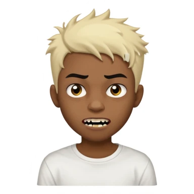 Black Male Teenager with Short punk messy blonde hair, Dark brown bushy eyebrows large expressive golden-brown eyes, wearing a plain white t-shirt, Dark Brown skin color. vampire tooth sticker